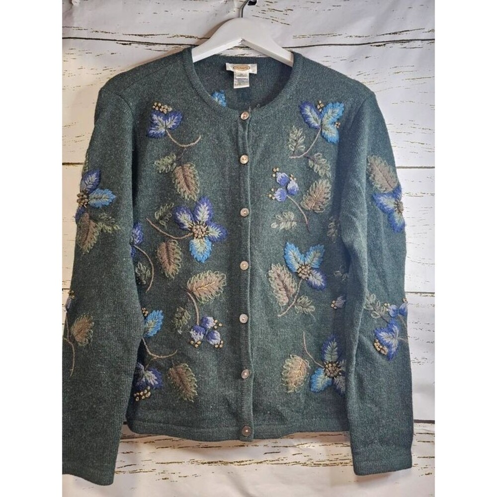Talbots Lambswool Cardigan Medium Embroidered Floral Wool Sweater Cottagecore